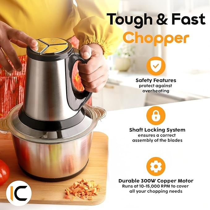 MumWize Electric Chopper for Kitchen Use with 3 Attachments, 2 Litre Stainless Steel Meat Mincer, 300W Vegetable Cutter Machine with Garlic Peeler and Egg Whisker, Carrot Grater for Busy Moms